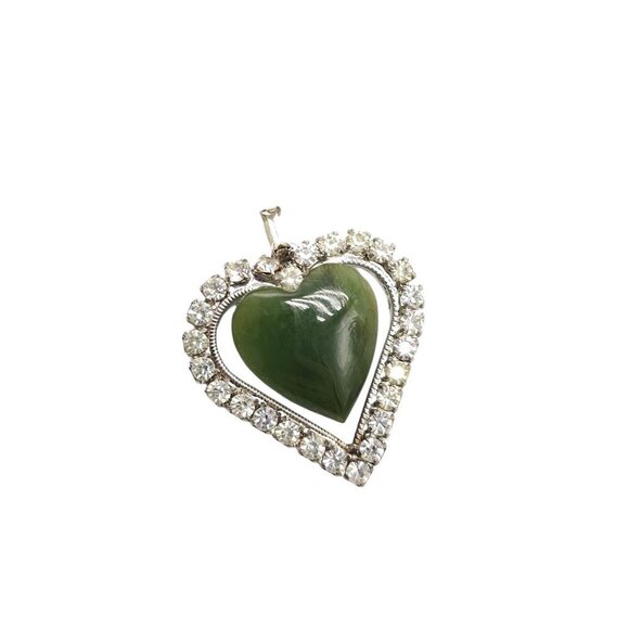 Green Tourmaline Clear Rhinestone Heart Pendant Silver Tone Vintage - Picture 1 of 6